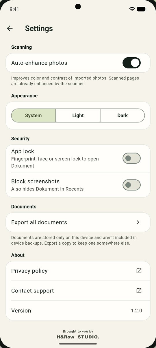 Settings with auto-enhance, appearance, app lock, block screenshots and export all documents