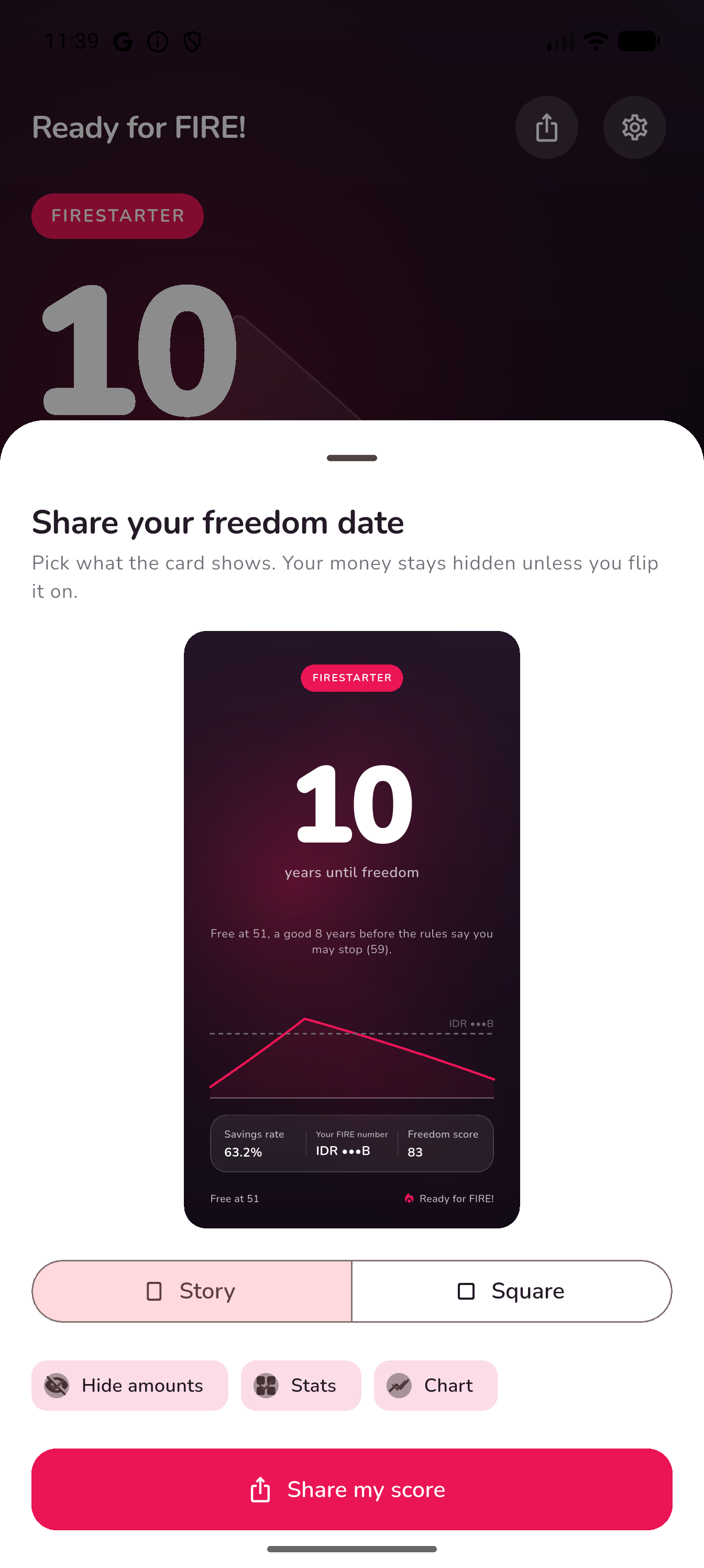Freedom date sharing card with money amounts hidden