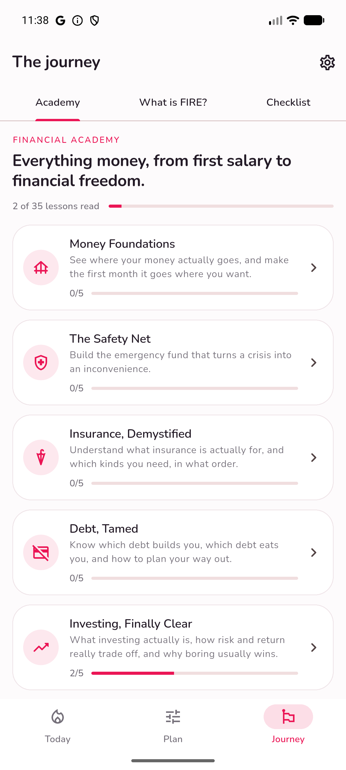 Financial Academy lessons and learning progress