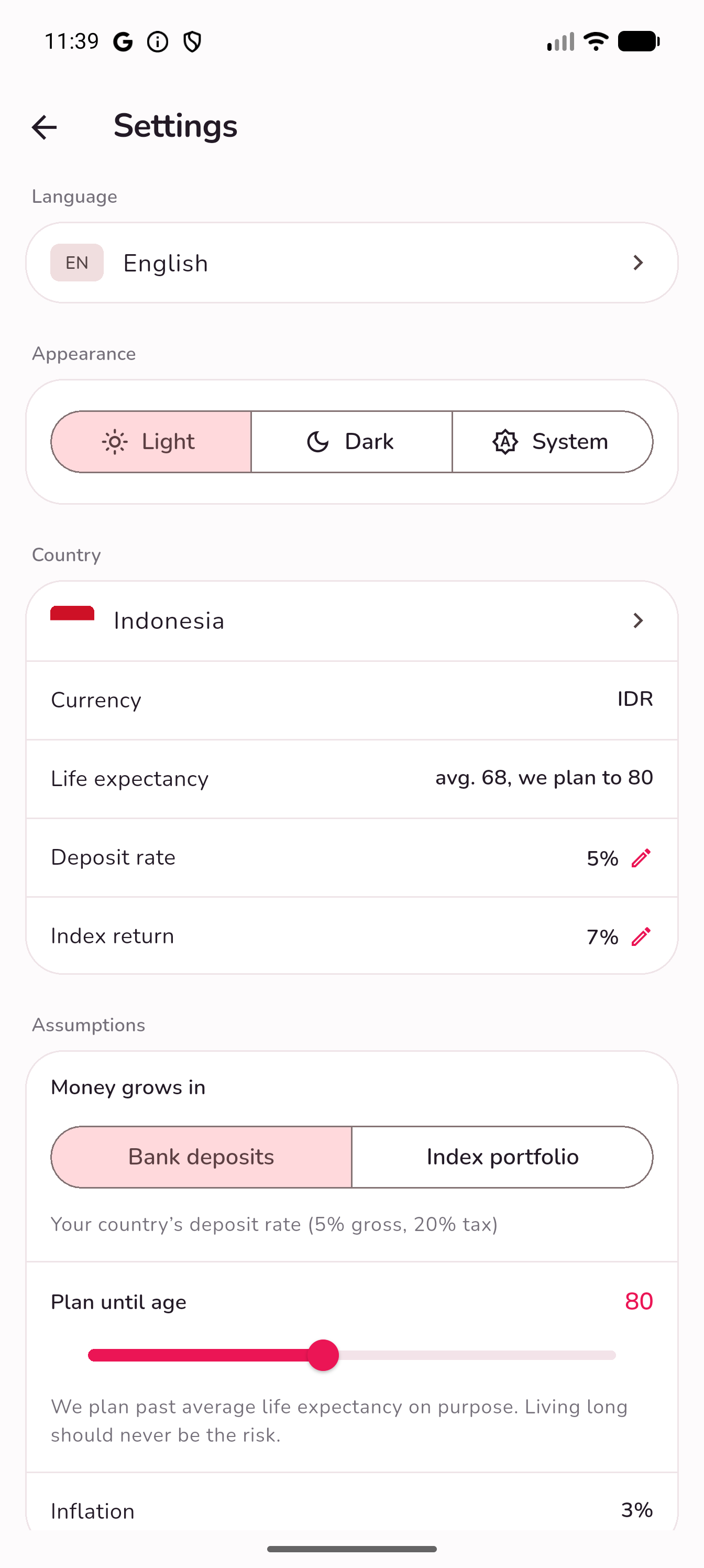 Settings for language, appearance, country and retirement assumptions