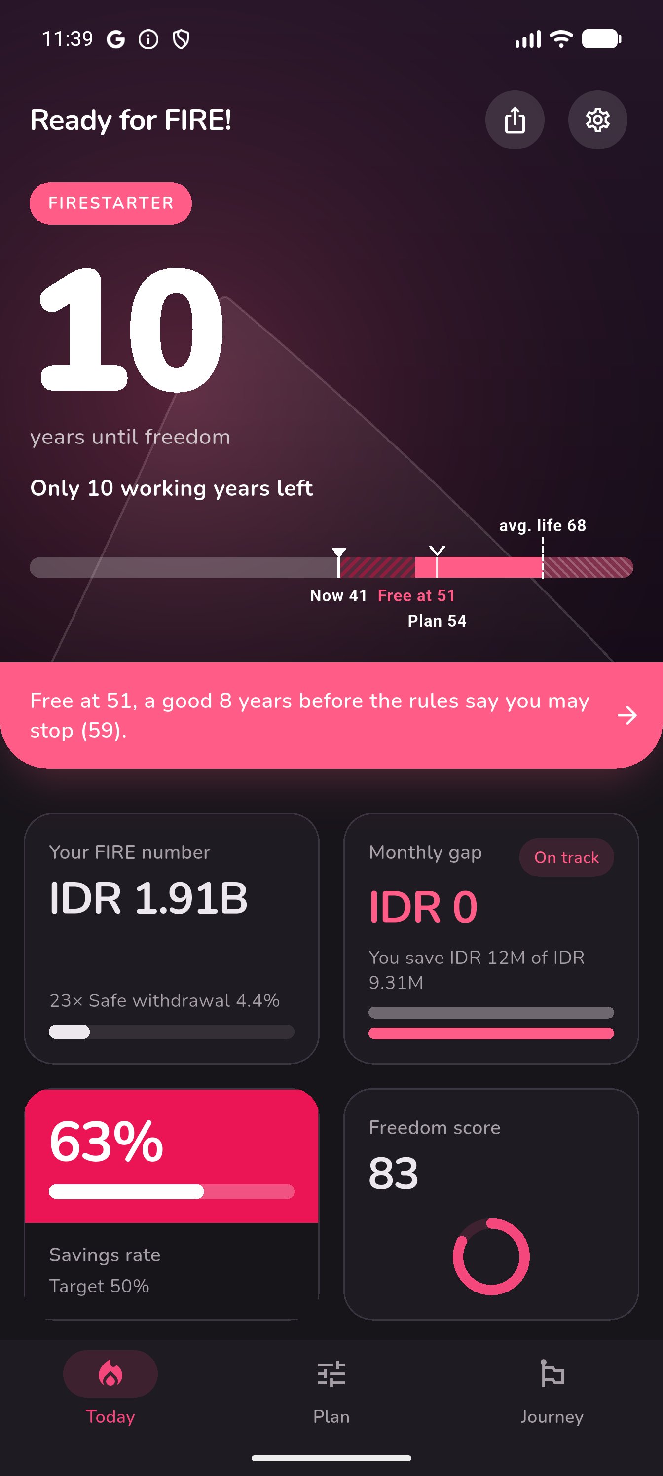 Ready for FIRE Today dashboard in dark mode