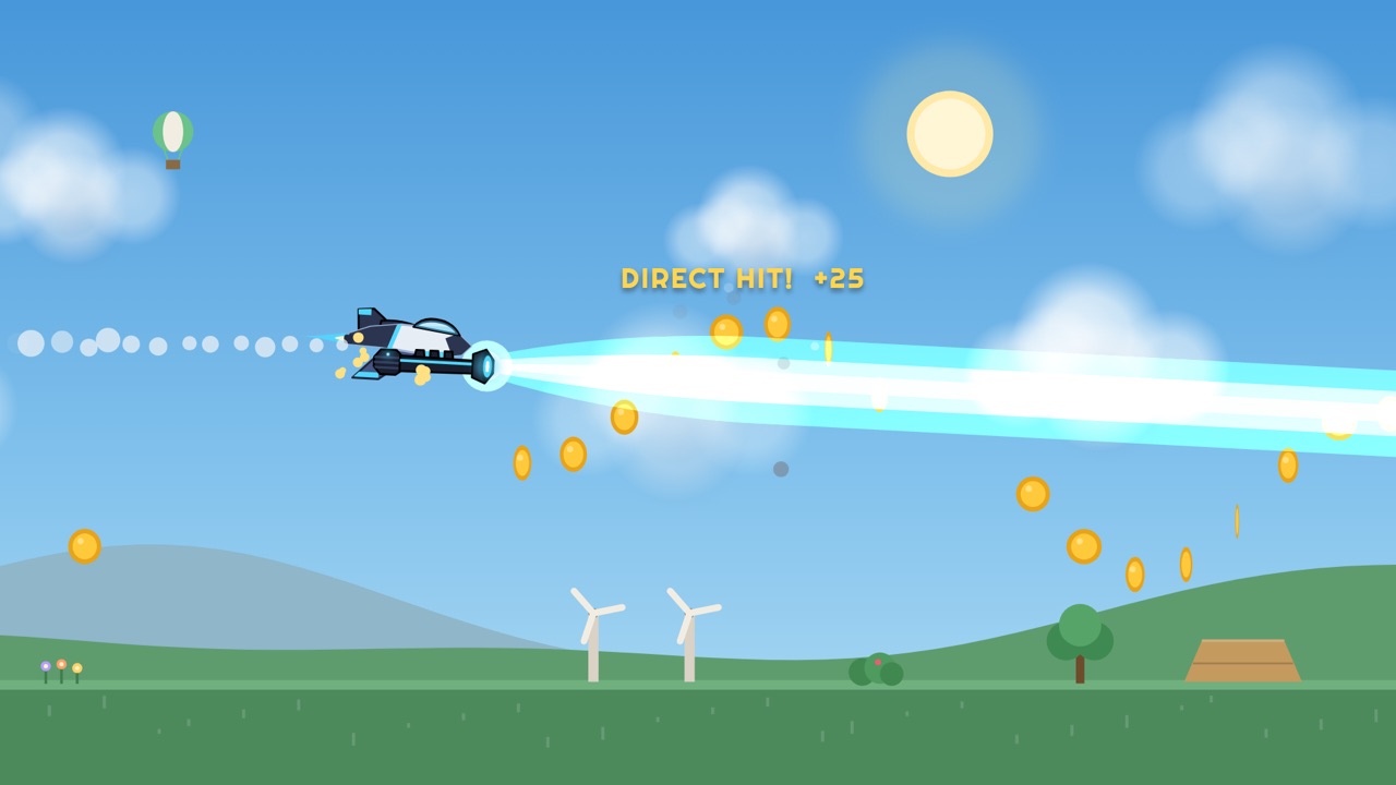 Skybound gameplay: the Howen fires its huge cyan laser across a sunny meadow for a direct hit