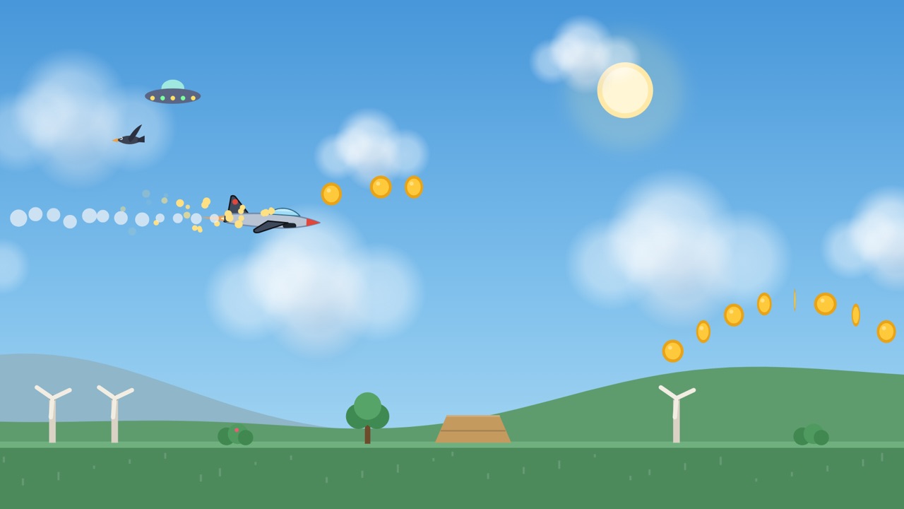 Skybound gameplay: a Falcon jet leaves a contrail through a trail of gold coins over green meadows, with a UFO overhead