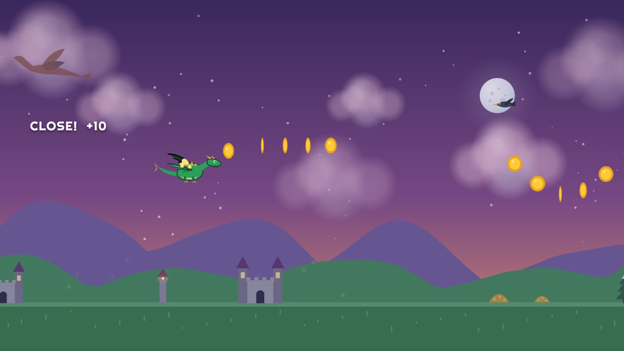 Skybound gameplay: a green dragon flies past castles in the twilight dragon realm