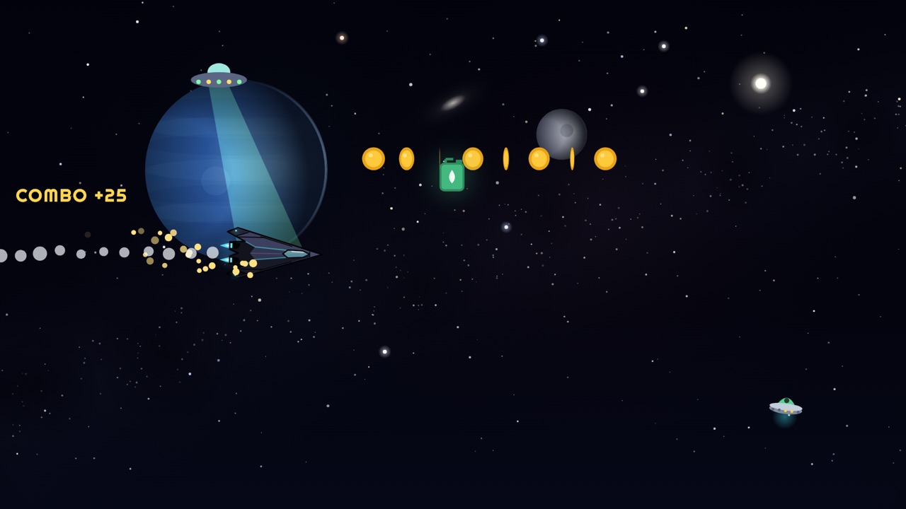 Skybound gameplay: a dark Wraith spacecraft collects coins in open space past a blue planet, with a UFO's tractor beam behind it