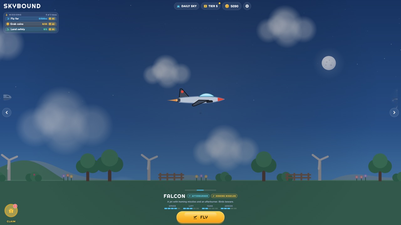 Skybound home screen at night with the Falcon jet selected, its stats, and the Fly button