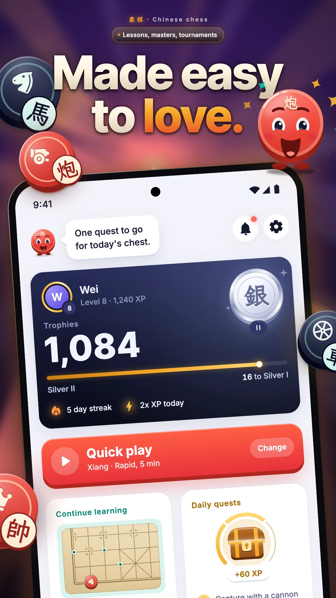 XQ Arena lobby with Pao, quick play, daily quests and your rank